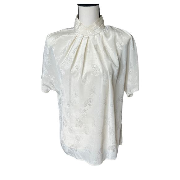 Vintage Cream Satin High Neck Pleated Paisley Print Blouse Size Medium - Picture 1 of 9